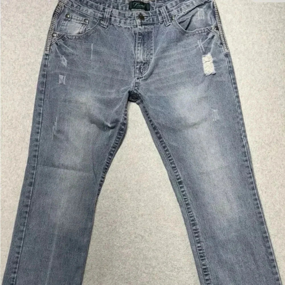 Fiend Jeans Mens 38x32 (36x31) Blue Whisker Denim Distressed Straight Streetwear